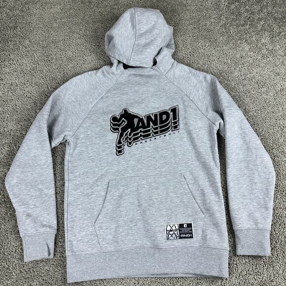 AND1 Hoodie Mens Small Heather Gray Pullover Embroidered Basketball Fleece Logo - Picture 2 of 12